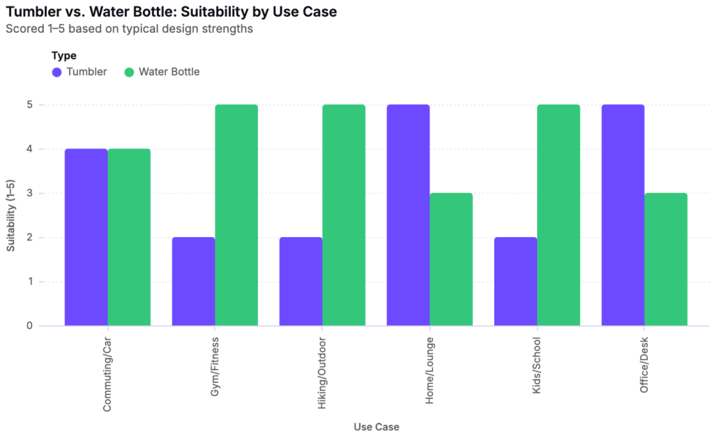 Plot - Tumbler vs. Water Bottle: Suitability by Use Case: Scored 1–5 based on typical design strengths